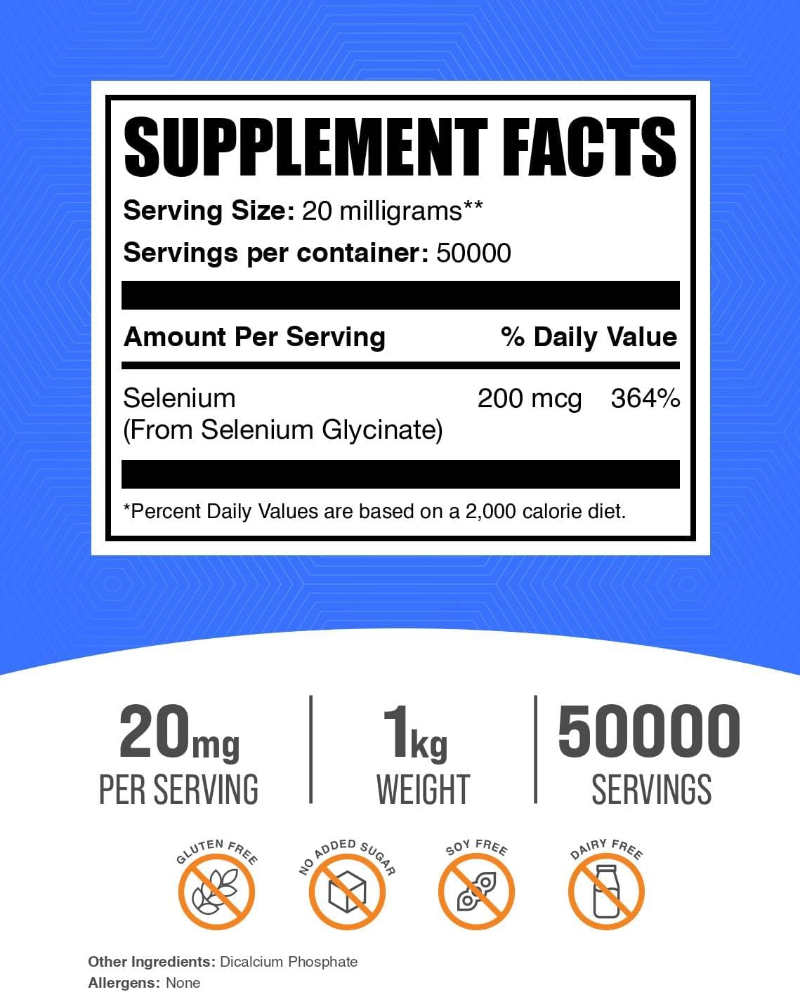 BulkSupplements.com Selenium Glycinate Powder - 200mcg Selenium Supplement, Gluten Free Trace Mineral - 1kg (2.2 lbs) - Pack of 1