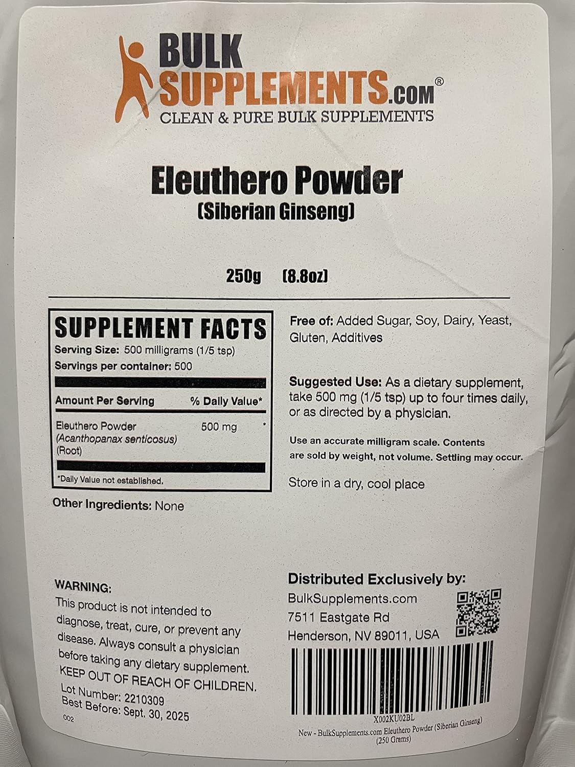 BulkSupplements.com Siberian Ginseng Powder - Eleutherococcus senticosus Herbal Supplement, Gluten Free, 500mg per Serving, 250g (8.8 oz) (1 Pack)