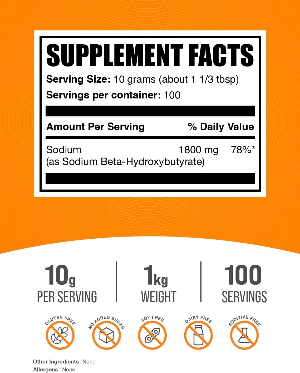 BulkSupplements.com Sodium BHB Powder - Electrolyte Beta-HydroxyButyrate Supplement, Gluten Free - 1kg (2.2 lbs) Pack - 10g per Serving