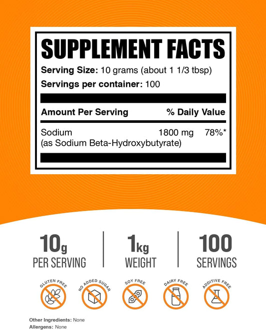 BulkSupplements.com Sodium BHB Powder - Electrolyte Beta-HydroxyButyrate Supplement, Gluten Free - 1kg (2.2 lbs) Pack - 10g per Serving