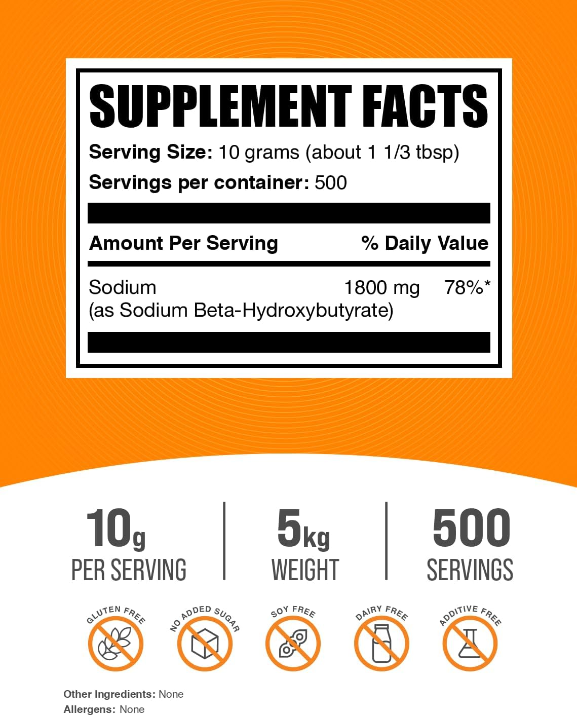 BulkSupplements.com Sodium BHB Powder - Electrolyte Supplement for Energy - Beta-HydroxyButyrate Powder, BHB Salts - Gluten Free, 50g per Serving, 5kg (11 lbs) Pack of 5