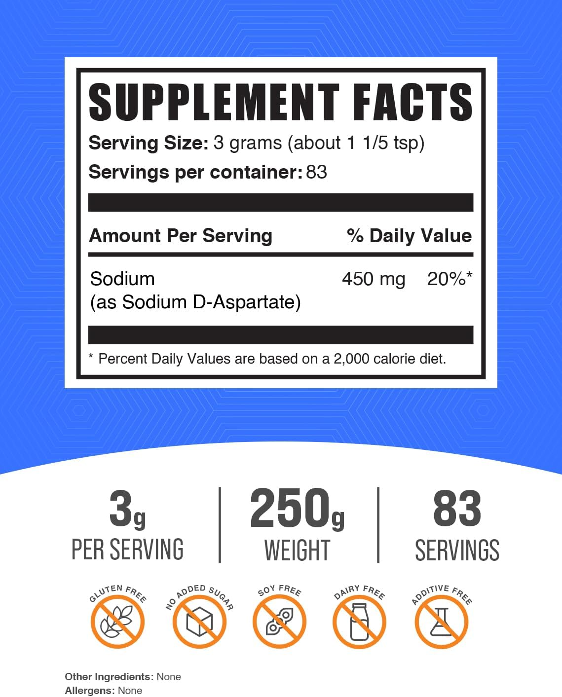 BulkSupplements.com Sodium D-Aspartate Powder - Electrolyte Supplement, Gluten Free, 3g per Serving, 250g (8.8 oz) (1 Pack)