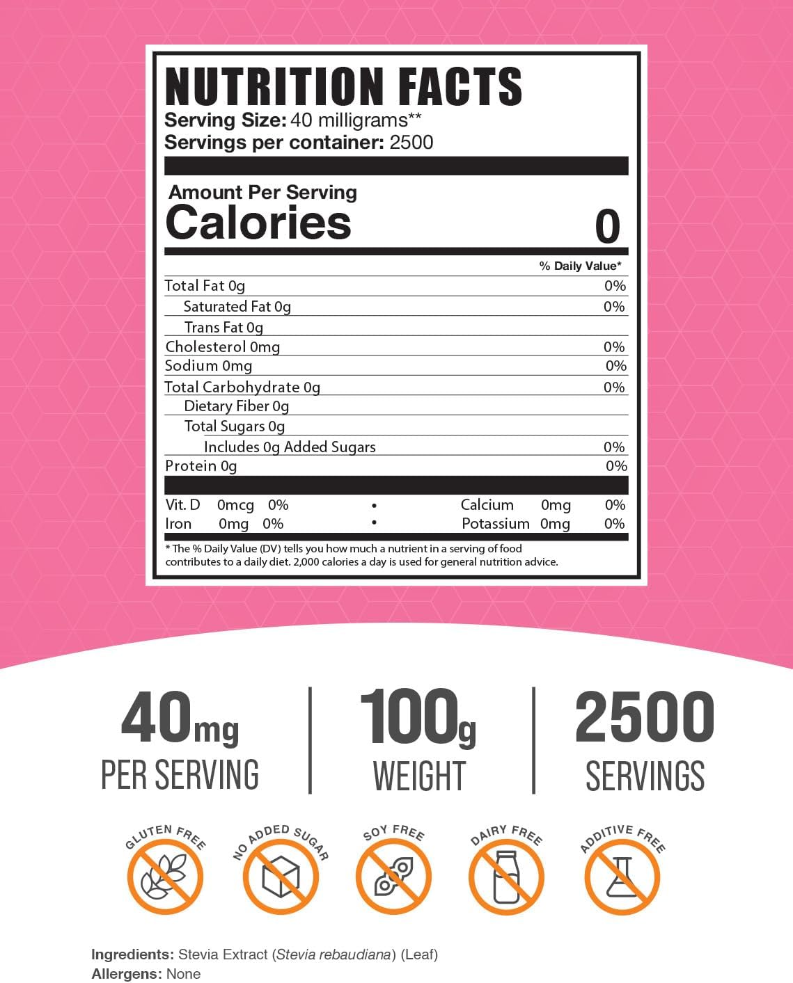 BulkSupplements.com Stevia Extract Powder - Pure Zero Calorie Sweetener, Gluten Free, 100g - Pack of 1