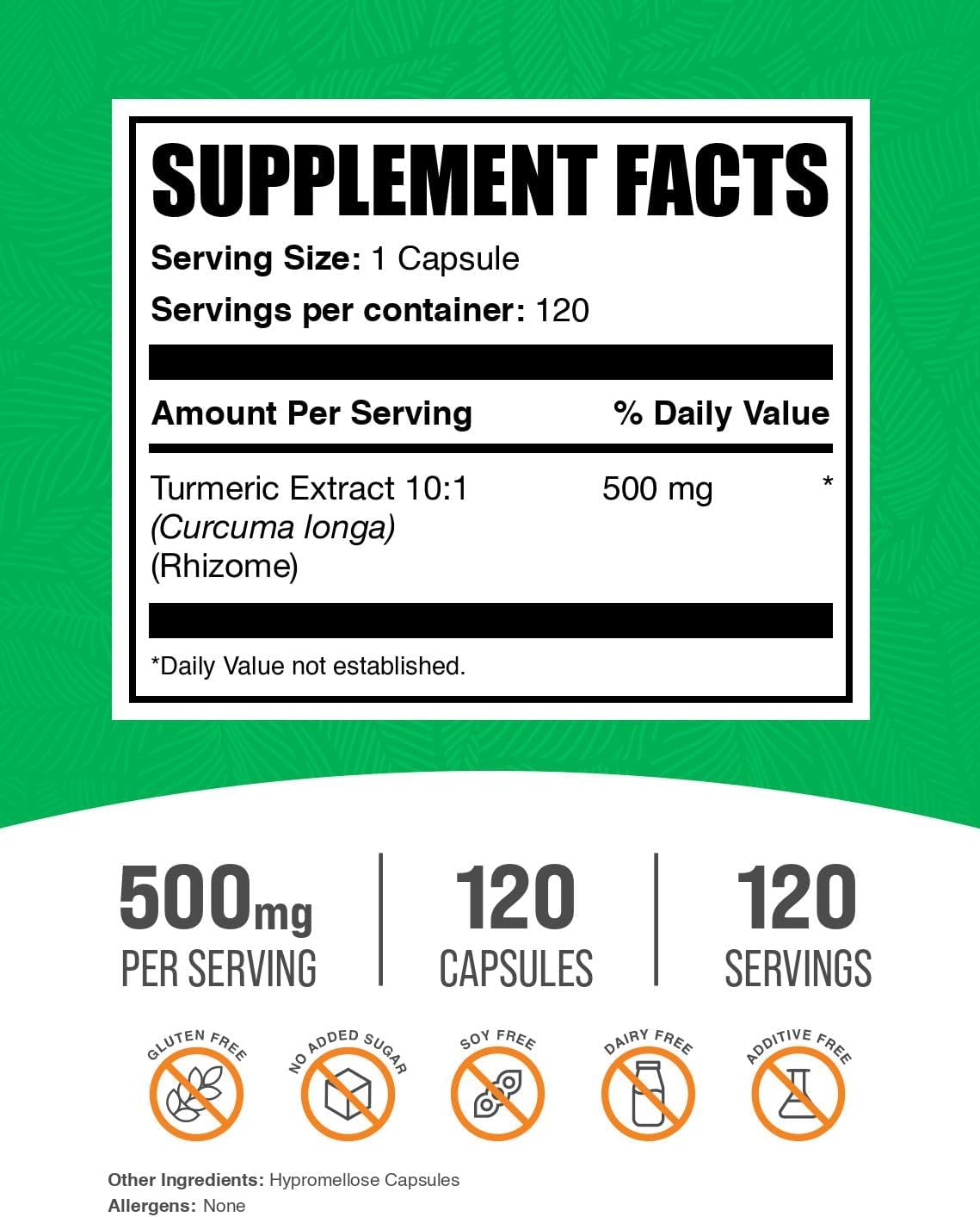 BulkSupplements.com Turmeric Curcumin Extract Capsules - 500mg Curcumin Supplements, Gluten Free Turmeric Capsules - 120 Veg Capsules, Single Serving