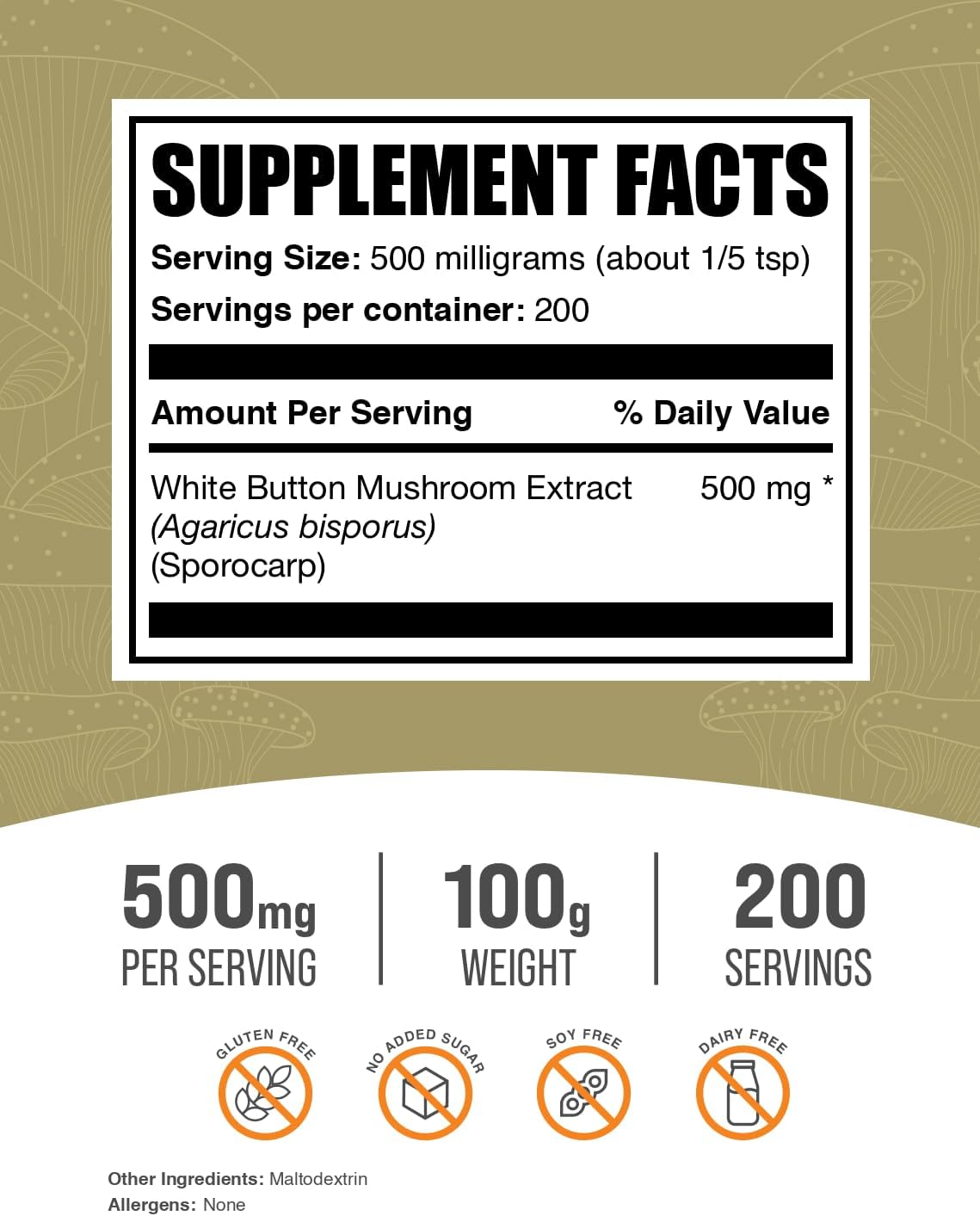 BulkSupplements.com White Button Mushroom Extract Powder - Agaricus Mushroom Supplement, Gluten Free, 500mg per Serving, 100g (3.5 oz) Pack