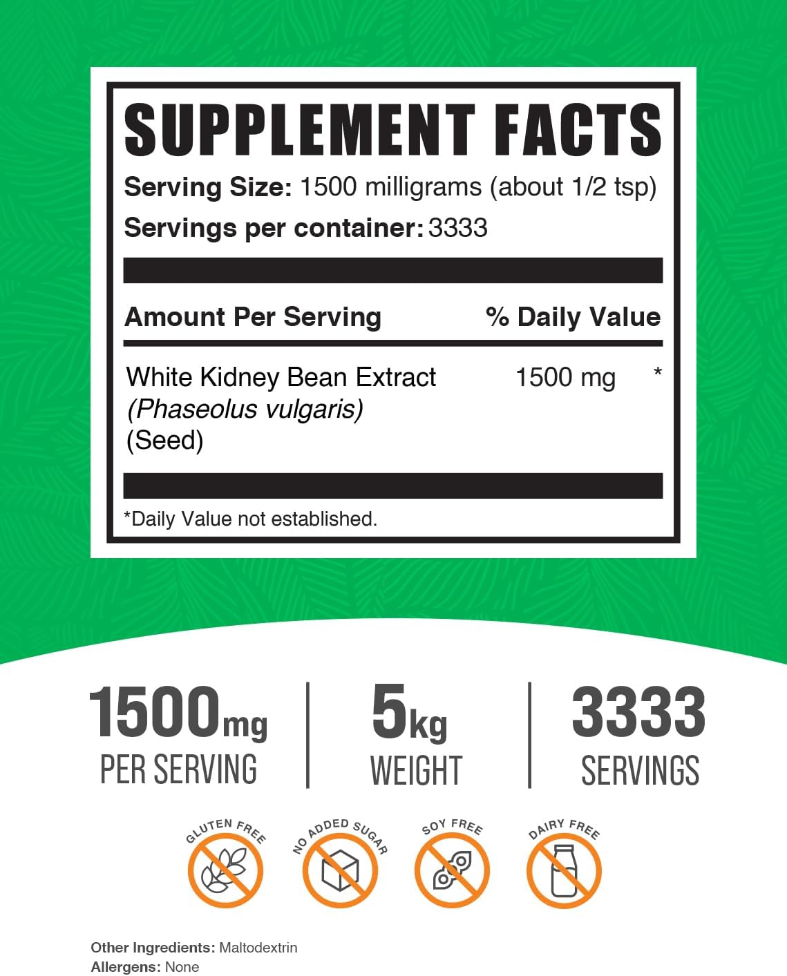 BulkSupplements.com White Kidney Bean Extract Powder - Digestive Support & Protein Source - Gluten Free - 1500mg per Serving - Pack of 5 - 5kg