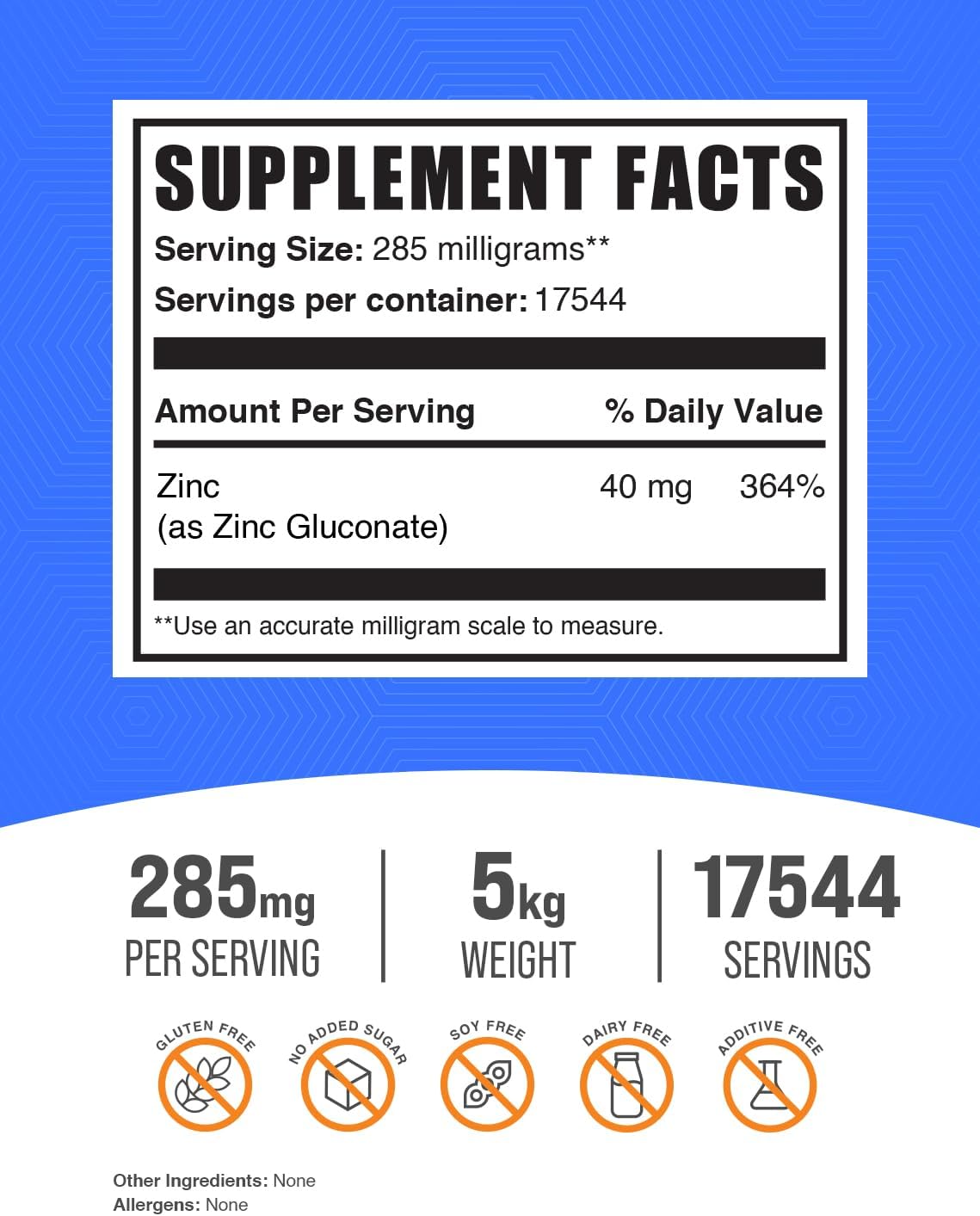 BulkSupplements.com Zinc Gluconate Powder 5kg (11 lbs) - High Potency Zinc Supplement for Immune Support - Gluten Free - Pack of 5