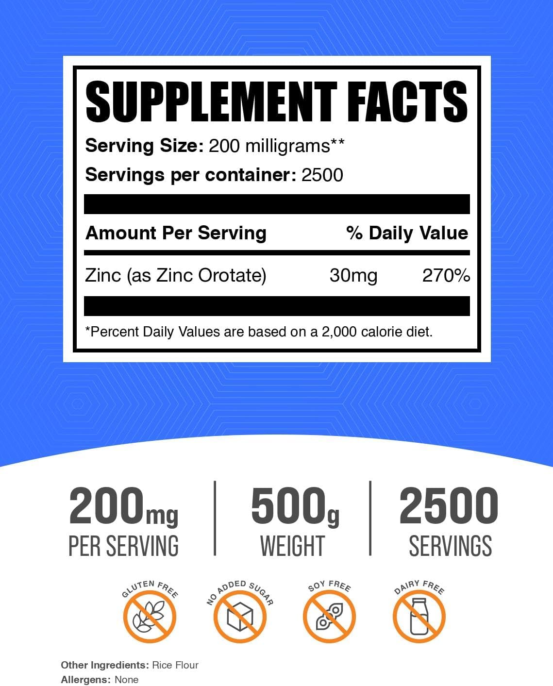 BulkSupplements.com Zinc Orotate Powder - 500g (1.1 lbs) - Immune Support Zinc Supplement - 30mg Zinc Minerals - Gluten Free - Pack of 1