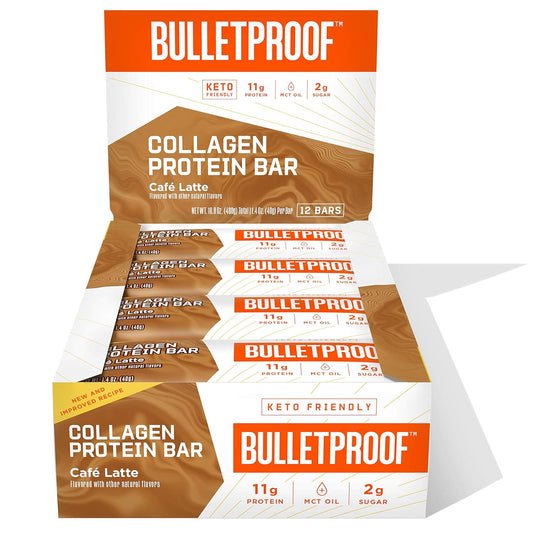 Bulletproof Café Latte Collagen Protein Bars - 12 Pack, 11g Protein, Grass Fed Healthy Snacks with MCT Oil, Low Sugar