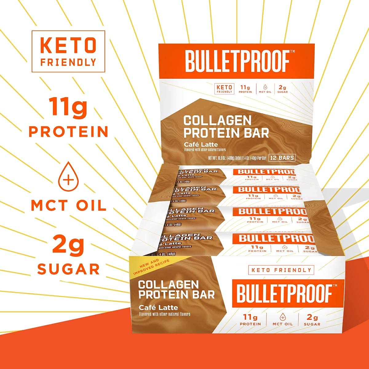 Bulletproof Café Latte Collagen Protein Bars - 12 Pack, 11g Protein, Grass Fed Healthy Snacks with MCT Oil, Low Sugar