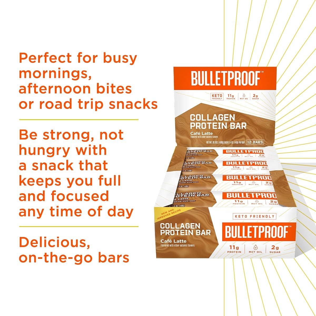 Bulletproof Café Latte Collagen Protein Bars - 12 Pack, 11g Protein, Grass Fed Healthy Snacks with MCT Oil, Low Sugar