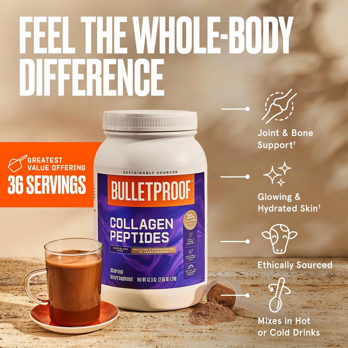 Bulletproof Chocolate Collagen Protein Powder with MCT Oil - 19g Protein - 42.3 Oz - Value Size - Supports Healthy Skin, Bones, and Joints