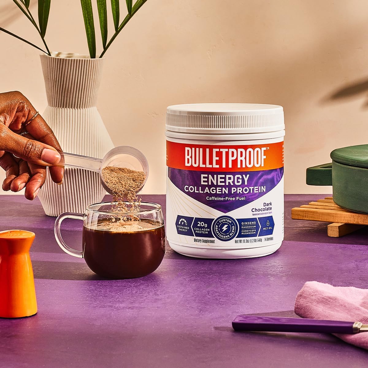 Bulletproof Dark Chocolate Energy Collagen Protein with Vitamins, Antioxidants, and Ginseng, Magnesium, Cordyceps - 19.3 Ounces
