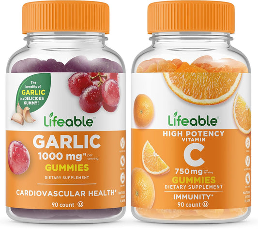 Bundle: 180 Chewable Gummy Vitamin C 750mg + Lifeable Garlic 1000mg Gummies - Gluten Free, GMO Free, Great Taste