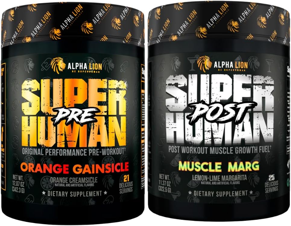 Bundle: ALPHA LION Superhuman Pre & Post Workout Powder for Energy, Focus, Muscle Growth, Strength, and Recovery - Hulk Juice & Gainy Smith Apple