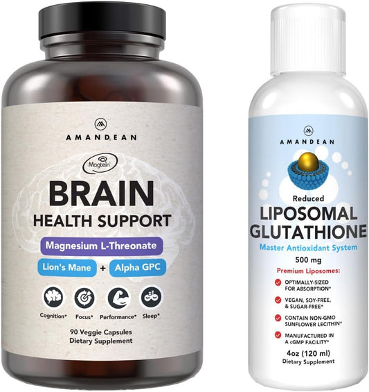 Bundle: AMANDEAN Premium Brain Health Supplement with Liposomal Glutathione - Triple Formula for Cognitive Support and Focus
