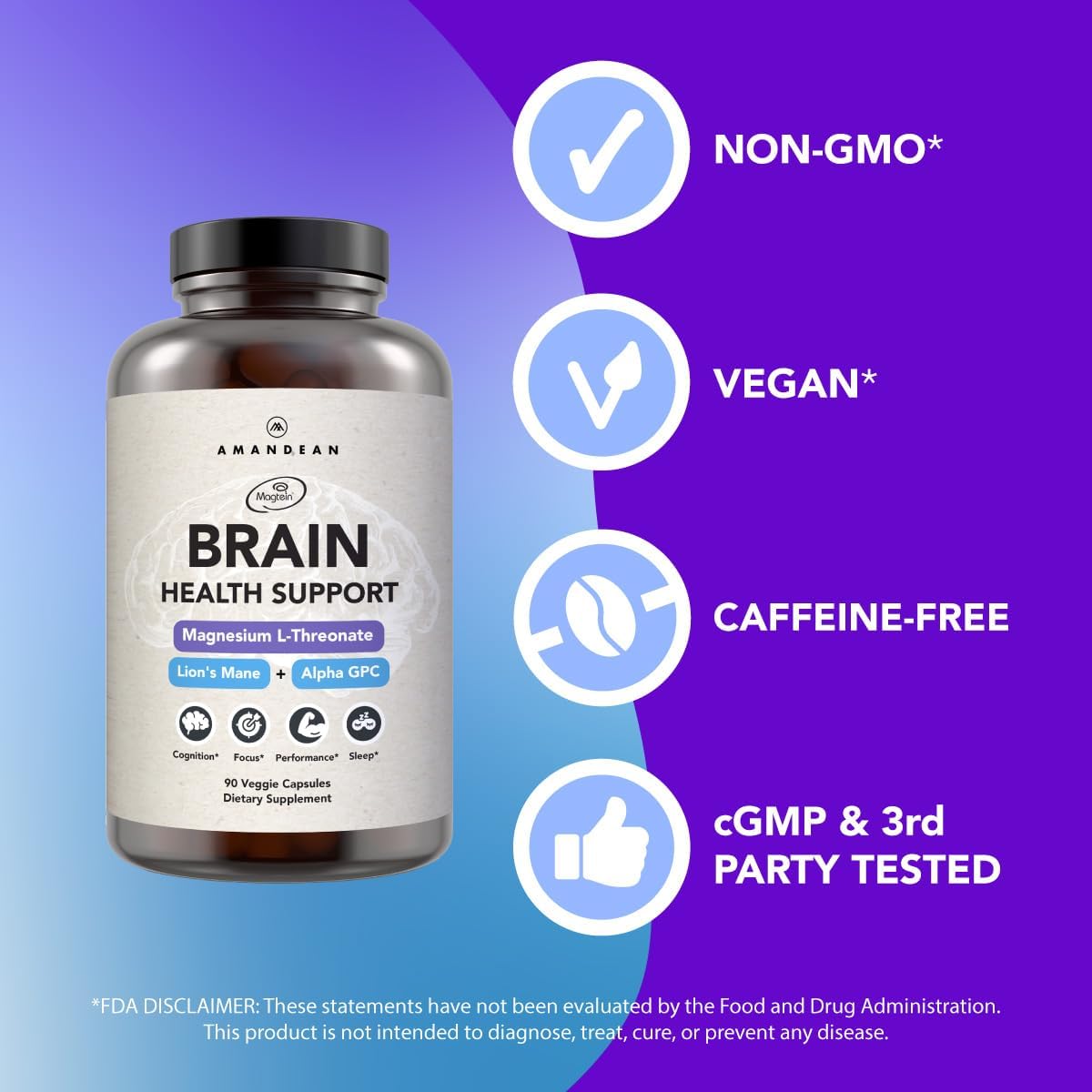 Bundle: AMANDEAN Premium Brain Health Supplement with Liposomal Glutathione - Triple Formula for Cognitive Support and Focus