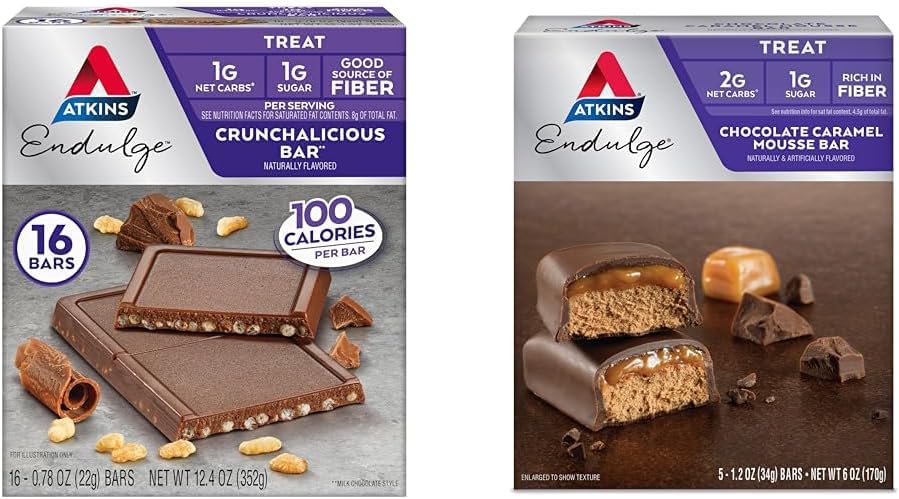 Bundle: Atkins Endulge Chocolate Bar Variety Pack - Crunchalicious & Caramel Mousse Bars (16+5 Count)