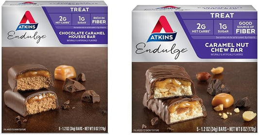 Bundle: Atkins Endulge Chocolate Caramel Mousse Bar & Caramel Nut Chew Bar 5 Count - Low Carb Snacks