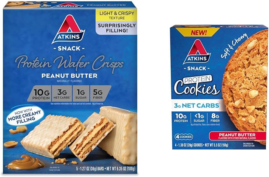 Bundle: Atkins Peanut Butter Protein Wafer Crisps (5 Count) and Protein Cookies (4 Count)