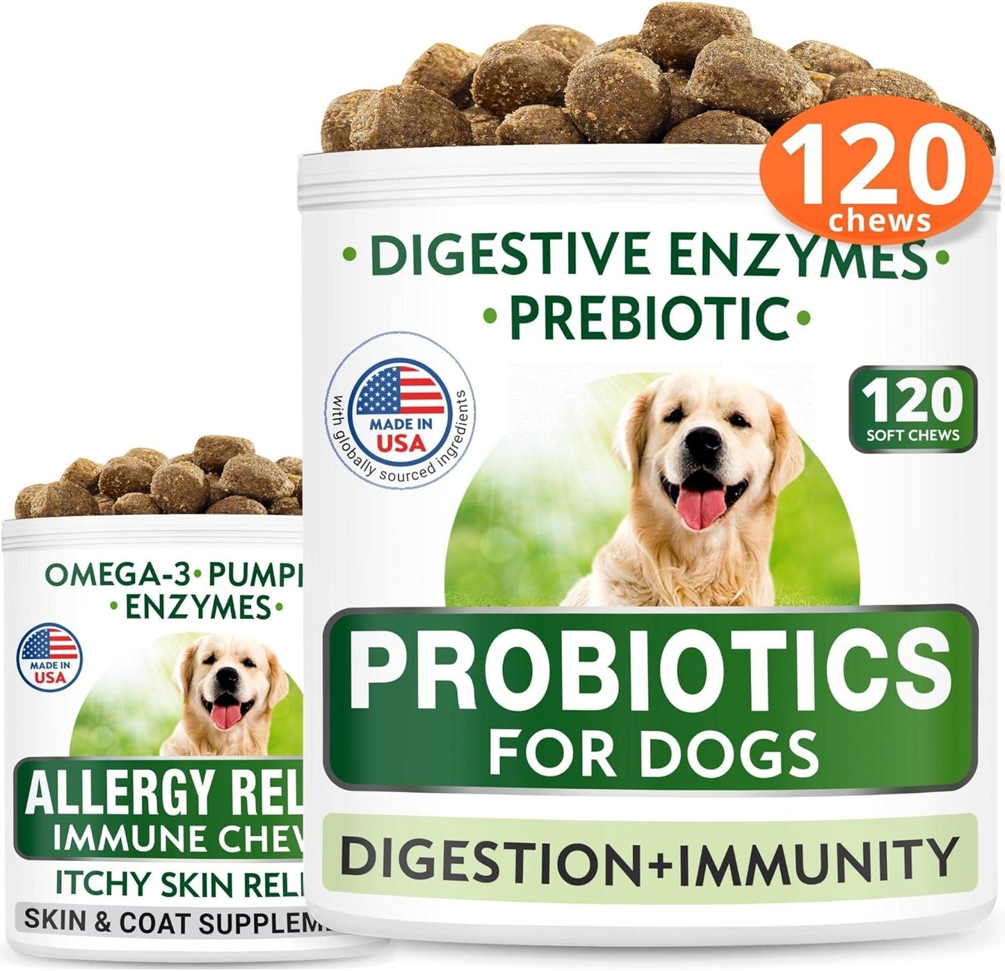 Bundle: BARK&SPARK Allergy Relief Dog Treats & Probiotic Chews - Omega 3, Pumpkin, Enzymes for Itchy Skin & Digestive Health