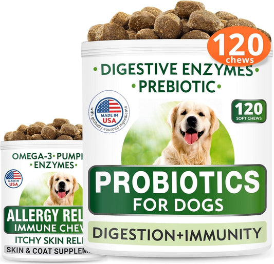 Bundle: BARK&SPARK Allergy Relief Dog Treats & Probiotic Chews - Omega 3, Pumpkin, Enzymes for Itchy Skin & Digestive Health