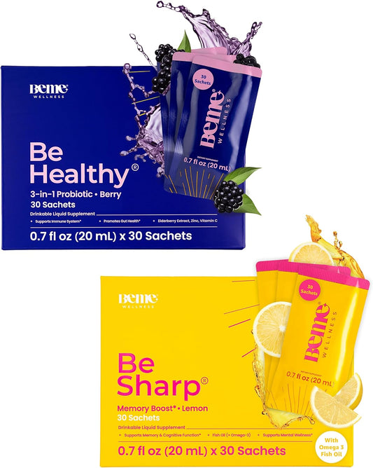 Bundle: BeMe BeHealthy Liquid Probiotics & BeSharp Omega-3 Liquid Supplements - Improve Gut Health and Cognitive Function