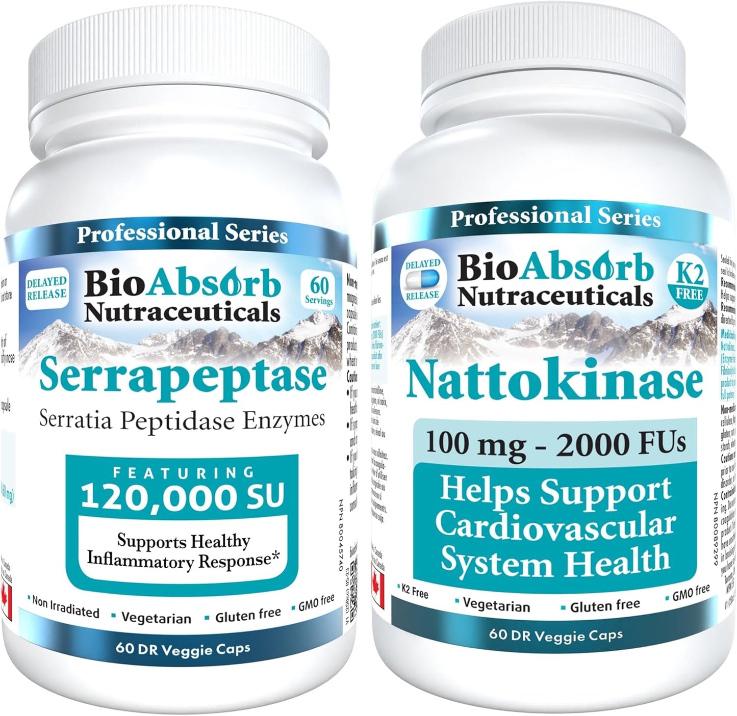 Bundle: Bio Absorb Serrapeptase Enzyme & Nattokinase Supplement - 60 Capsules Each