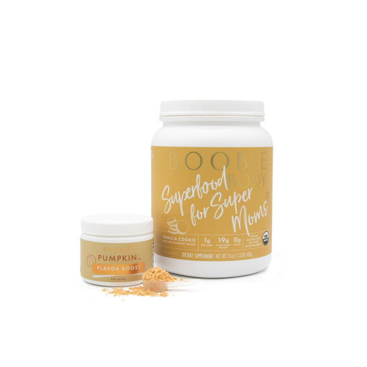 Bundle: Boobie Brands Boobie Body Superfood Protein Shake - Pregnancy Protein Powder for Lactation Support, Metabolism, Energy - Vanilla Cookie Protein Tub with Pumpkin Flavor Boost
