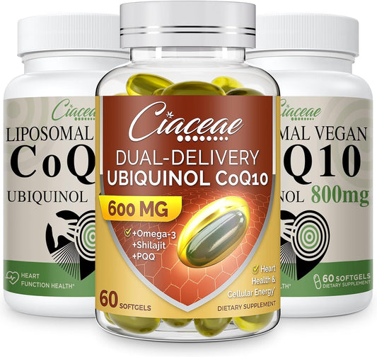 Bundle: Ciaceae Liposomal CoQ10 800mg + Ubiquinol CoQ10 600mg Softgels with Omega-3, Shilajit, & PQQ