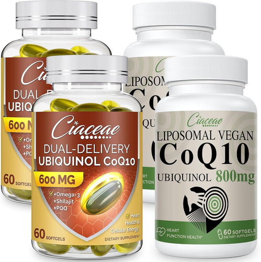 Bundle: Ciaceae Liposomal CoQ10 800mg + Ubiquinol CoQ10 600mg Softgels with Omega-3, Shilajit, & PQQ - 2PCS