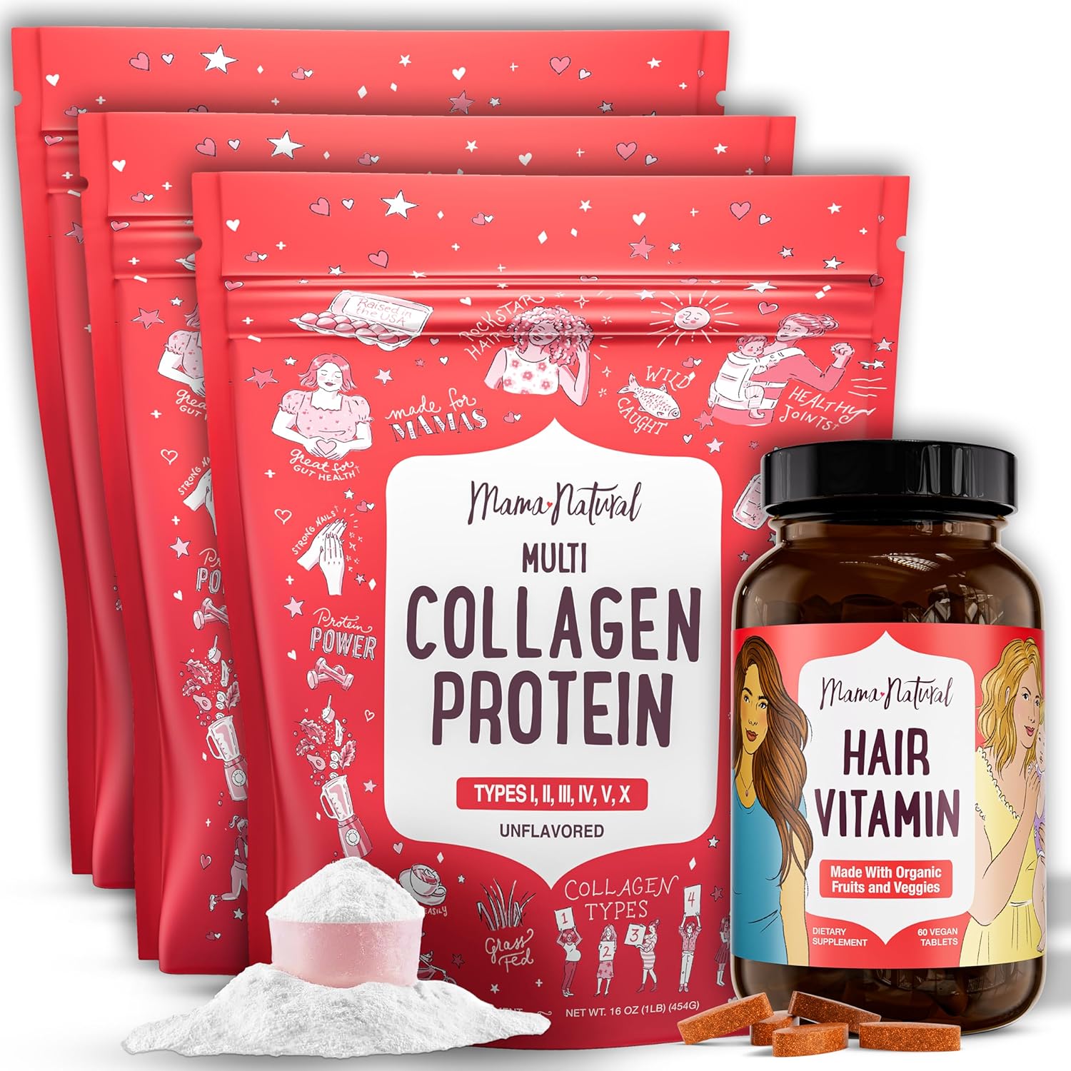 Bundle Deal: Buy 3 Multi Collagen Protein, Get 1 Hair Vitamin Free - Hair Growth & Skin Health Support for Women - Organic Ingredients