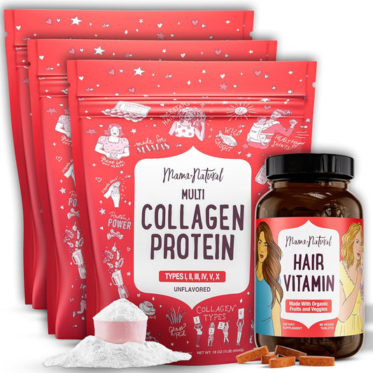 Bundle Deal: Buy 3 Multi Collagen Protein, Get 1 Hair Vitamin Free - Hair Growth & Skin Health Support for Women - Organic Ingredients