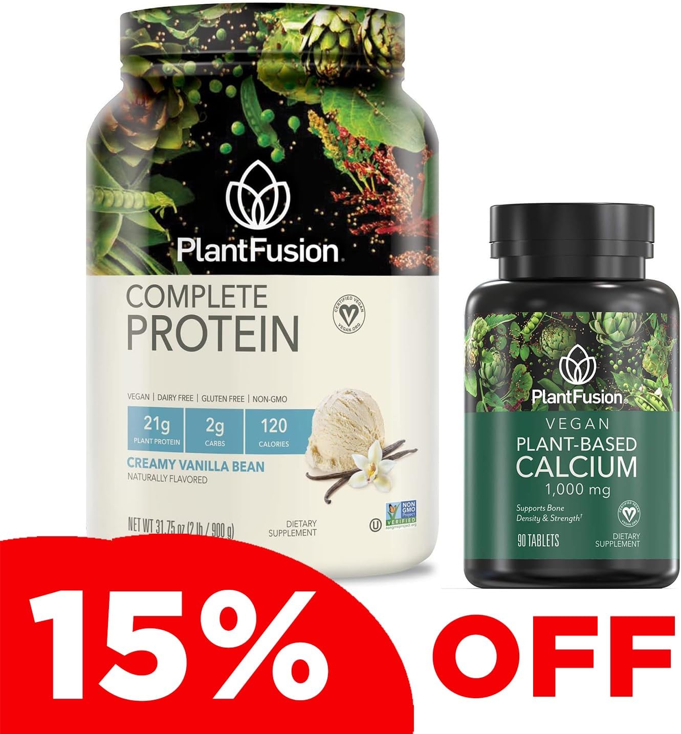 Bundle Deal: PlantFusion Vegan Protein Powder with BCAAs, Digestive Enzymes, and Calcium - Plant Based Pea Protein Powder