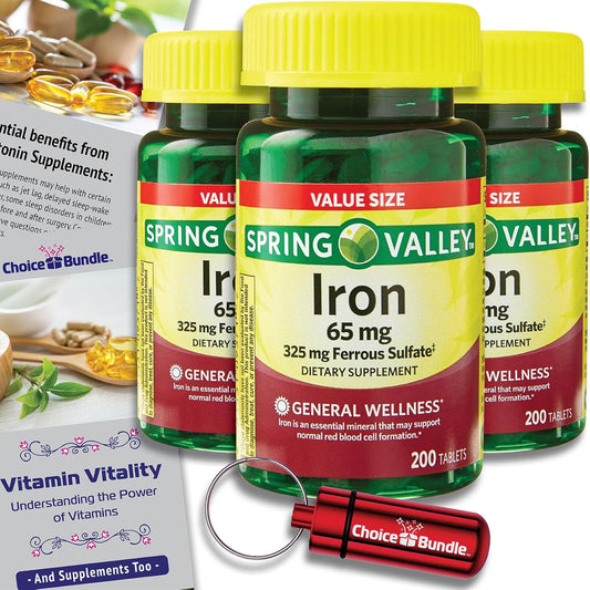 Bundle Deal: Spring Valley Iron Tablets Value Size 65 mg 200 CT x3 + Vitamin Vitality Guide & Pill Container - 600 Total Items