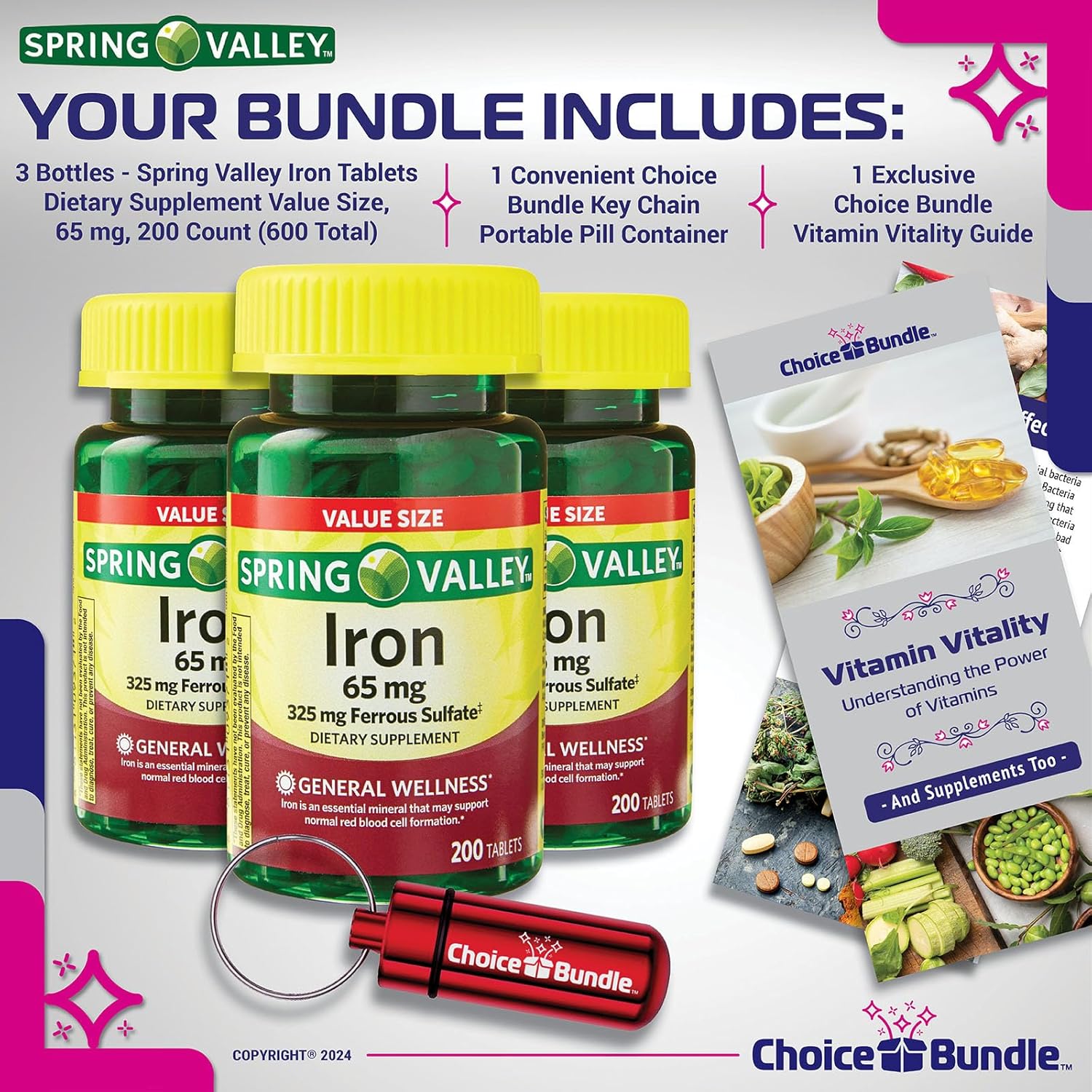Bundle Deal: Spring Valley Iron Tablets Value Size 65 mg 200 CT x3 + Vitamin Vitality Guide & Pill Container - 600 Total Items