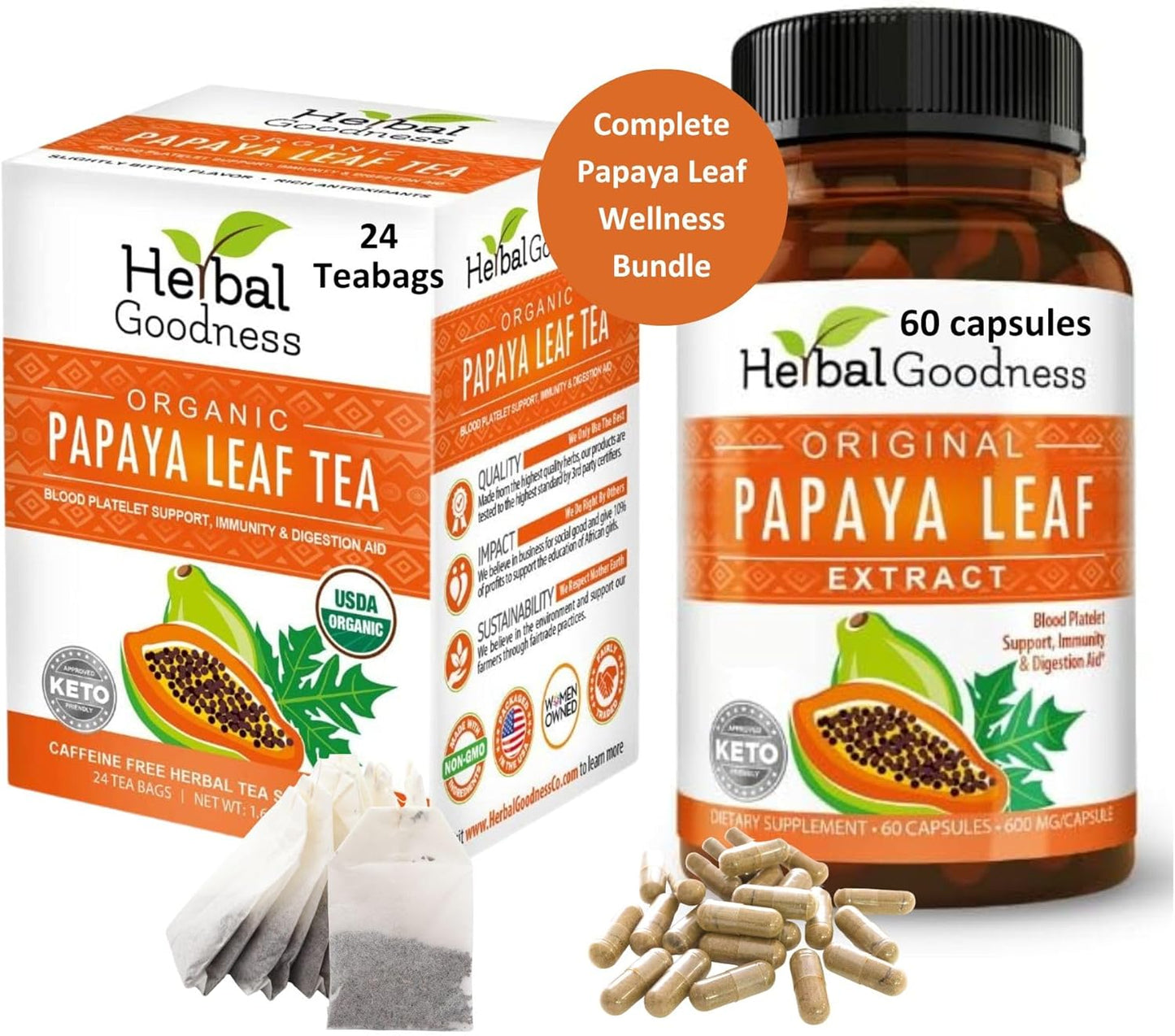 Bundle for Immune Health and Digestive Wellness: Herbal Goodness Papaya Leaf Extract Capsule and Tea