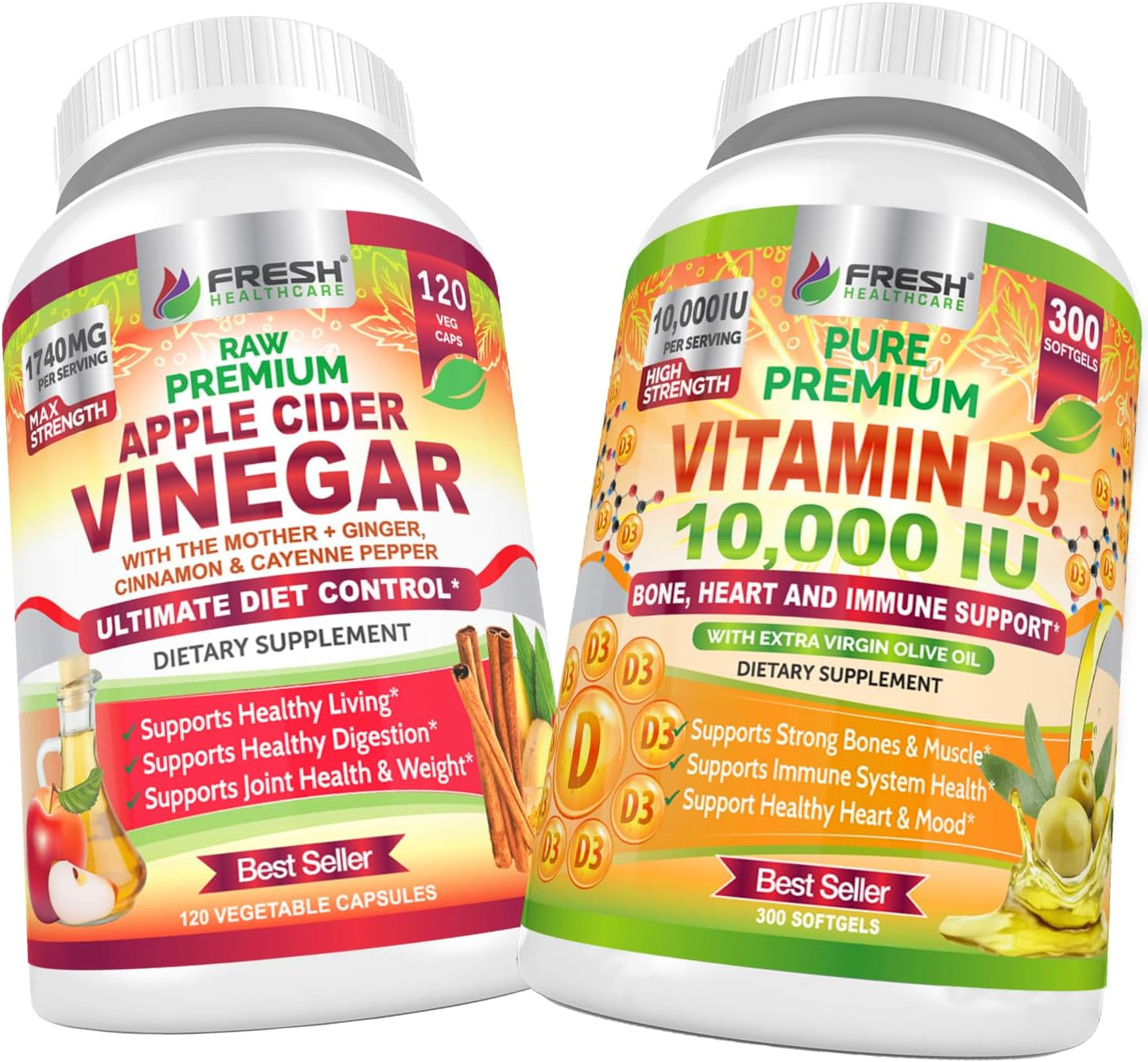 Bundle: FRESH HEALTHCARE Apple Cider Vinegar with Vitamin D3 for Immune Support