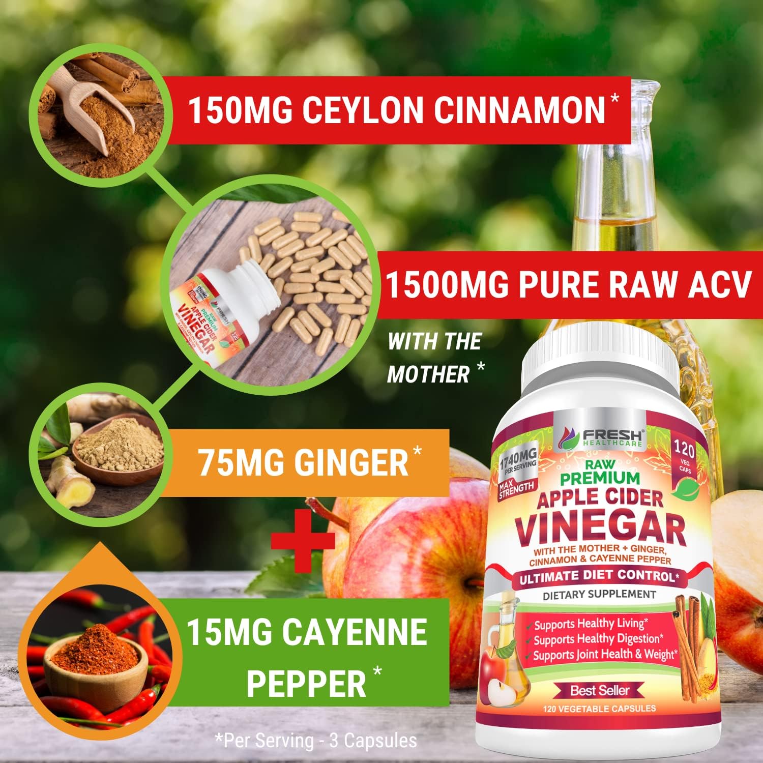 Bundle: FRESH HEALTHCARE Apple Cider Vinegar with Vitamin D3 for Immune Support