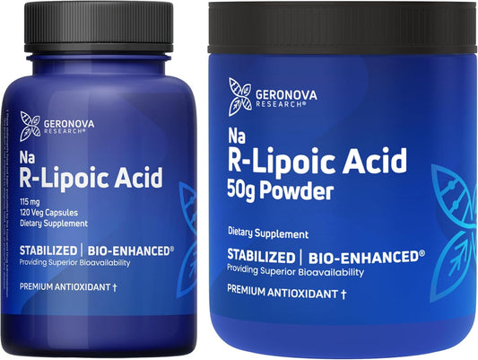 Bundle: Geronova Research R-Lipoic Acid 115mg Capsules + Bio-Enhanced Na R-Lipoic Acid 50g Powder