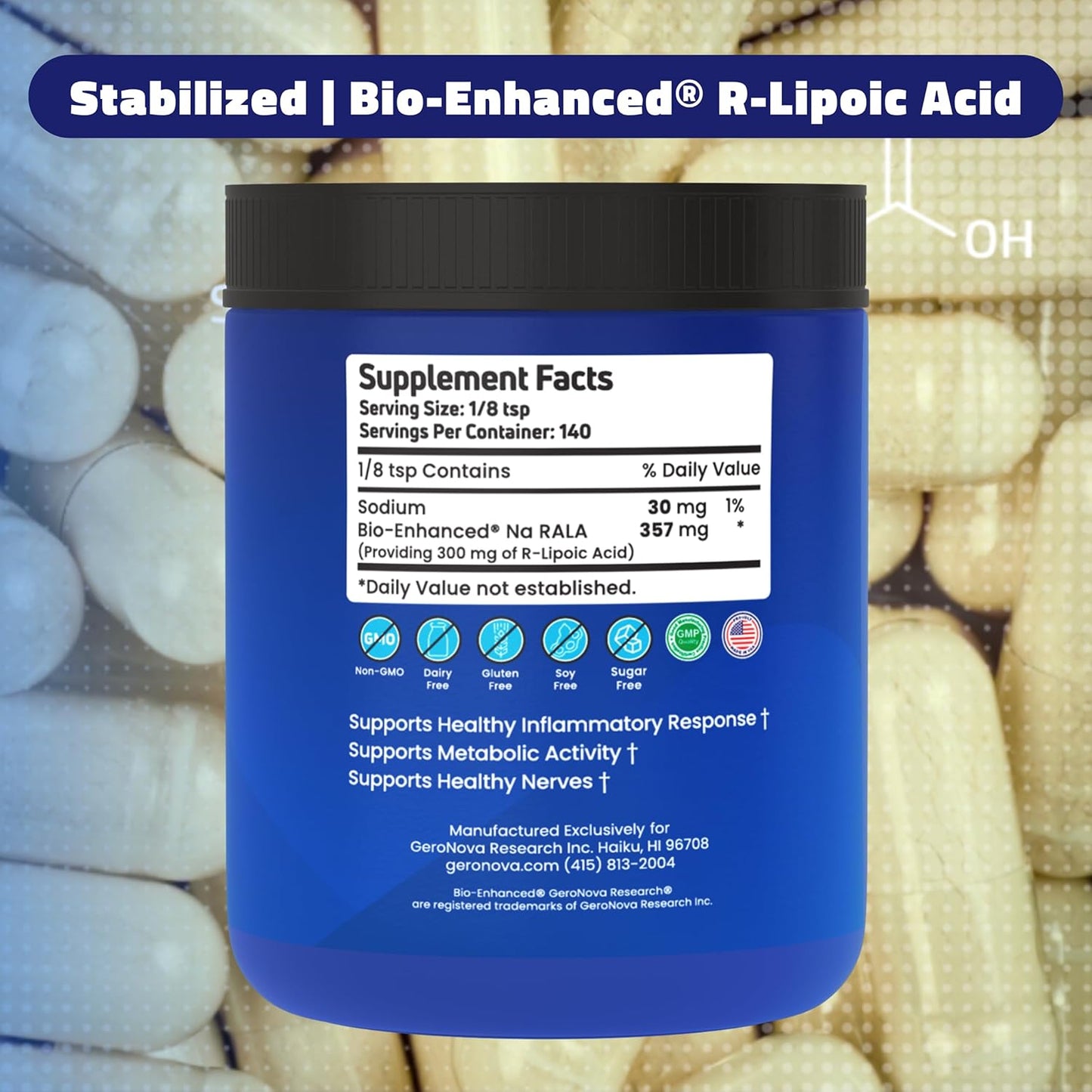 Bundle: Geronova Research R-Lipoic Acid 115mg Capsules & Bio-Enhanced Na R-Lipoic Acid 50g Powder