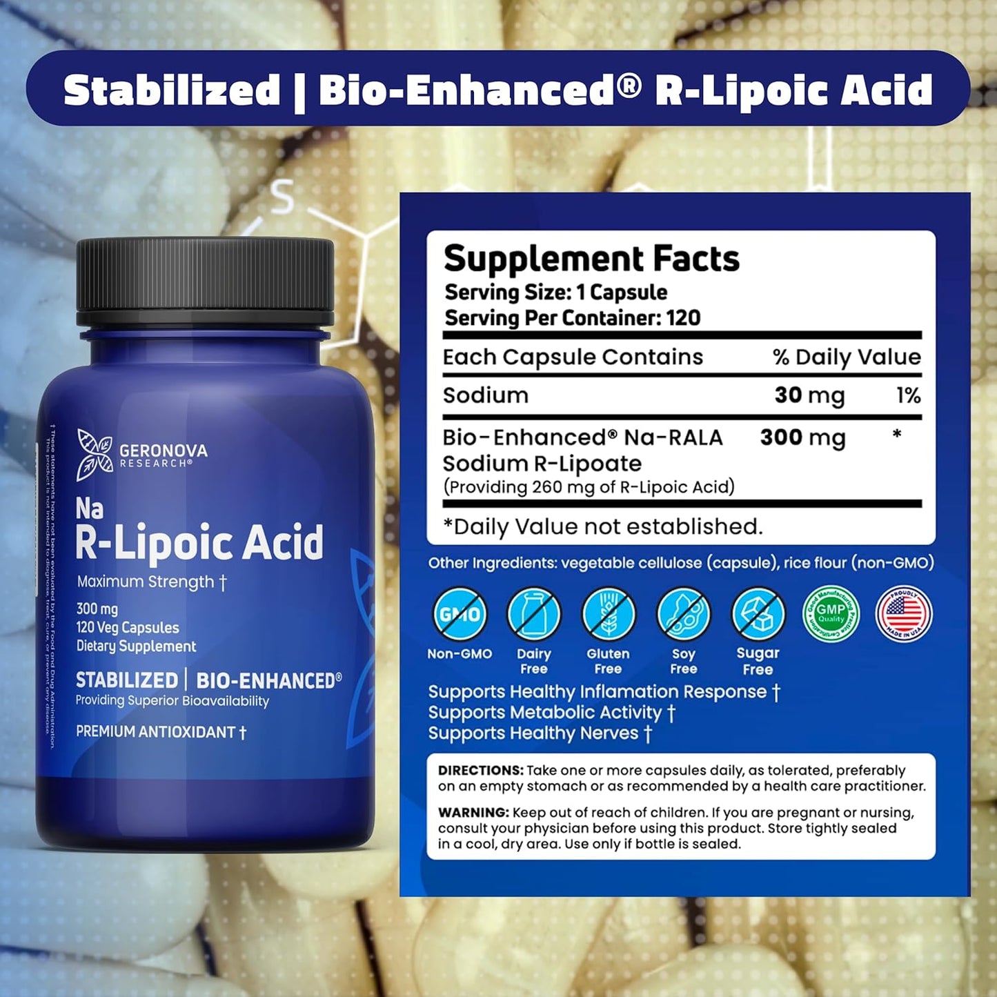 Bundle: Geronova Research R-Lipoic Acid 300mg 120 Capsules with The Alpha Lipoic Solution