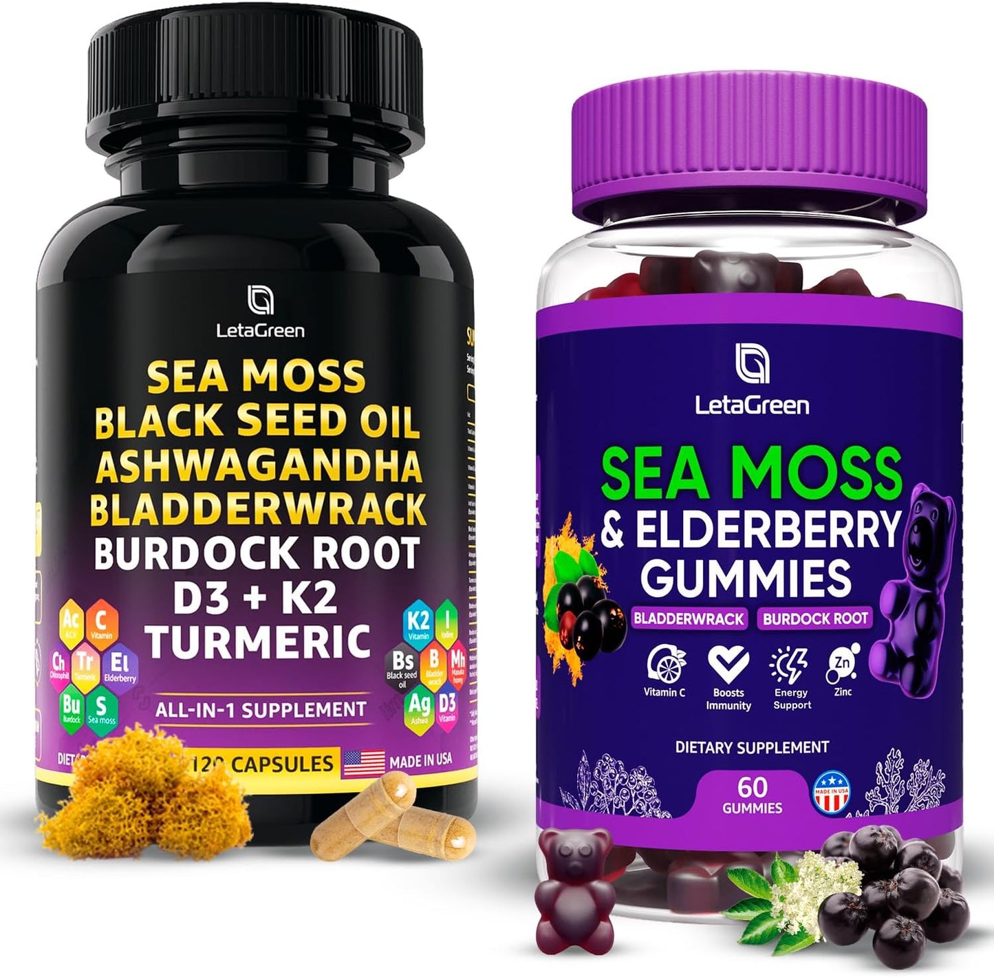 Bundle: LetaGreen Sea Moss Gummies + Capsules - 60 Gummies + 120 Capsules, Immune Support with Vitamins and Minerals