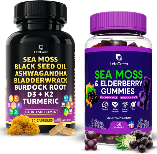 Bundle: LetaGreen Sea Moss Gummies + Capsules - 60 Gummies + 120 Capsules, Immune Support with Vitamins and Minerals