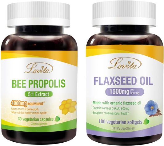 Bundle: Lovita Bee Propolis Capsules & Flaxseed Oil for Enhanced Nutrition & Well-Being. Dietary Supplement for Overall Health.