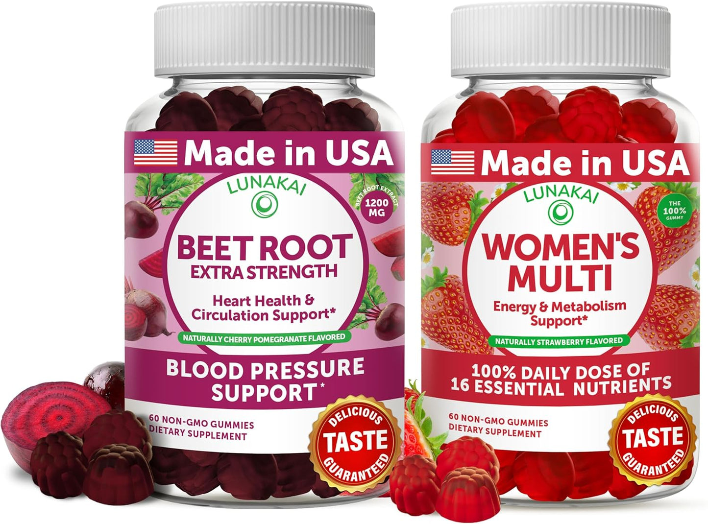 Bundle: Lunakai Beet Root & Women's Multivitamin Gummies - 100% DV of 16 Essential Vitamins & Minerals - A, B, C, D, E - Daily Support