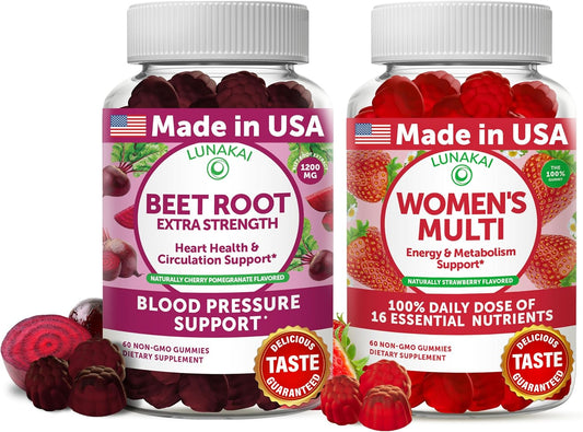 Bundle: Lunakai Beet Root & Women's Multivitamin Gummies - 100% DV of 16 Essential Vitamins & Minerals - A, B, C, D, E - Daily Support