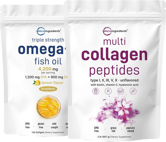Bundle: Micro Ingredients Collagen Protein Powder & Omega-3 Fish Oil Softgels - Grass-Fed Collagen Peptides, Wild-Caught Fish, Lemon Flavor