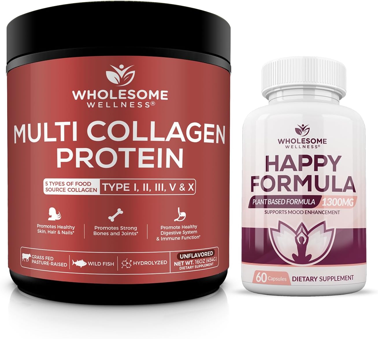 Bundle: Multi Collagen Protein Powder & Natural Stress Relief Supplement - Happy Formula for Wholesome Wellness