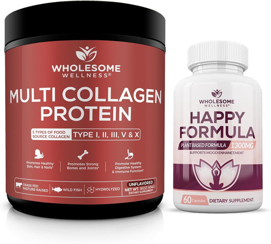 Bundle: Multi Collagen Protein Powder & Natural Stress Relief Supplement - Happy Formula for Wholesome Wellness